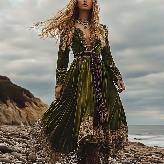 Breezy Bohemian Beach Vacation Autumn And Winter Velvet Ethnic Style Fluttering Dress