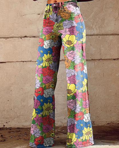 Women's Vintage Floral Print Casual Wide Leg Pants