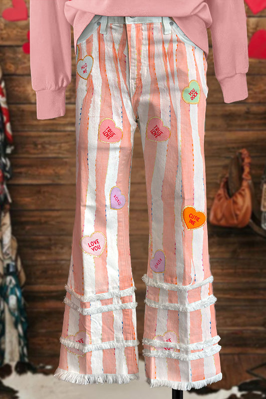 Sweet Valentine's Day Striped Heart Print Raw Edge Pants