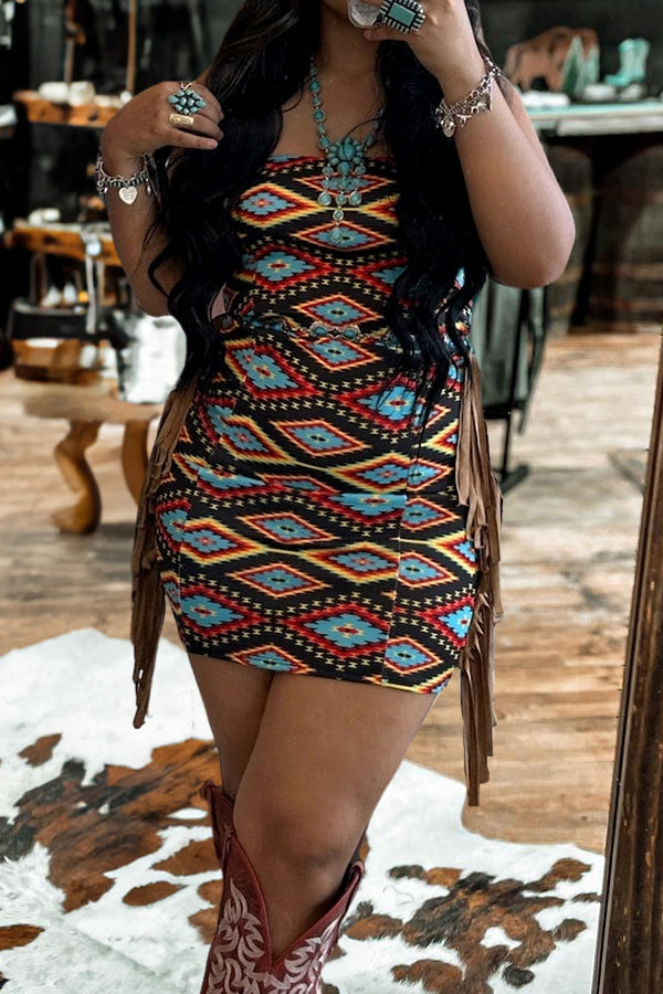 Retro Western Aztec Print Strapless Side Fringe Dress