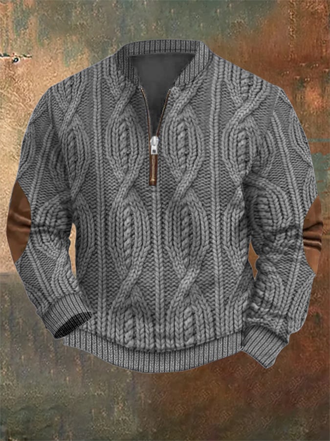 Men's Vintage Knit Print Zip-Up Sweatshirt