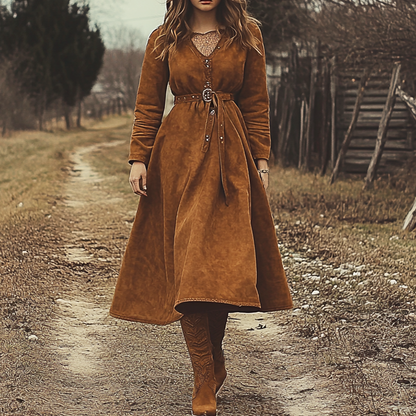 Ladies Vintage Western Style Pastoral Shirt Collar Pocket Rustic Boho Saddle Brown Chamois Dress