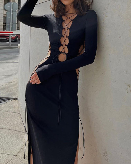 Hollow Lace-up Slim Slit Long Sleeve Dress