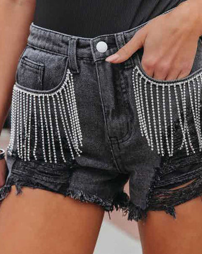 Casual Chain Fringe Ripped Denim Shorts