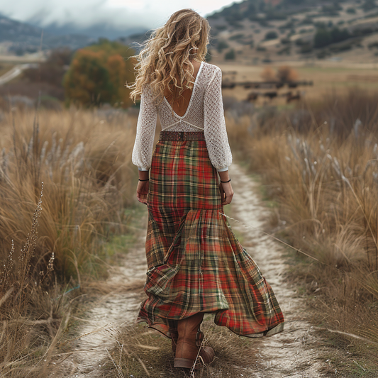 Women's Retro Plaid Long-sleeved Long Skirt Pastoral Style Dress