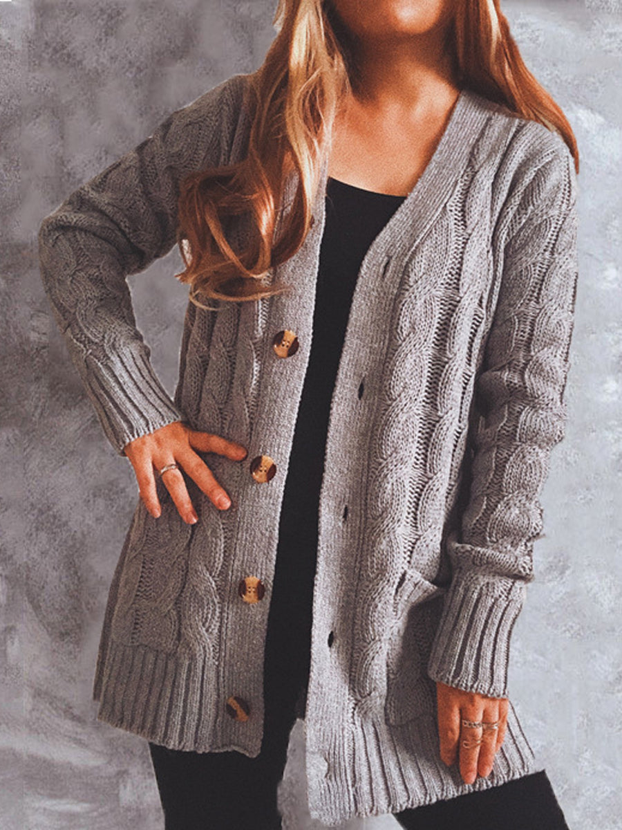 Casual Solid Color Pocket Long-Sleeved Sweater Cardigan