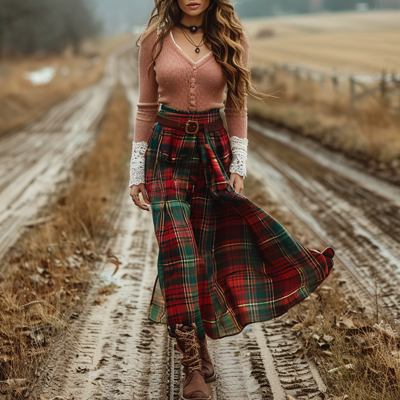 Women's Retro Plaid V-neck Long-sleeved Long Skirt Pastoral Style Dress