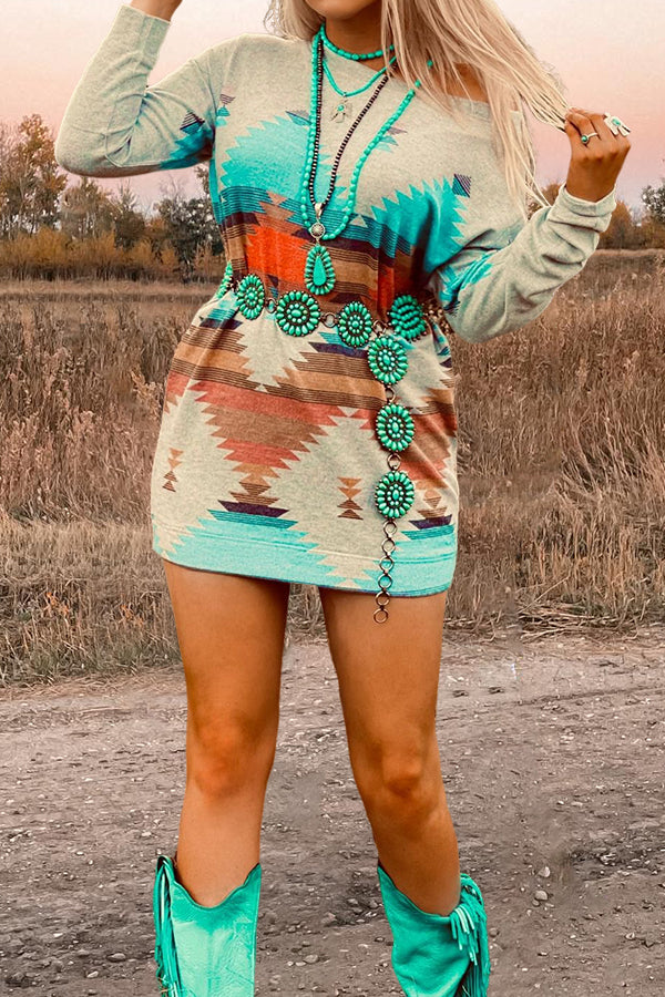 Pretty Aztec Print Long Sleeve Dress