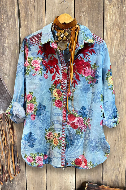 Mixed Floral Stars Button Down Shirt