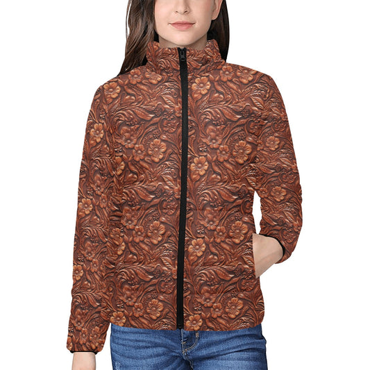 Tooled Leather Print Puffy Bomber Jacket