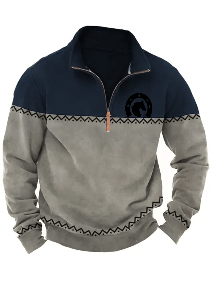 Men's Vintage Quarter Zip Aztec Ethnic Horseshoe Print Long Sleeve Sweatshirt