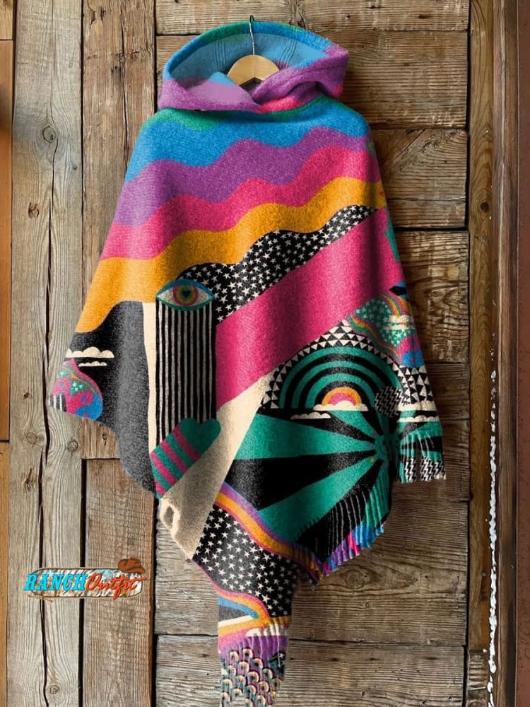 Women's Vintage Art Print Casual Knitted Blanket Poncho Hood Cape