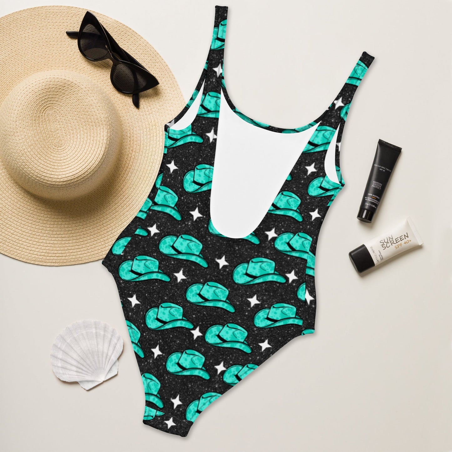 Yeehaw Turquoise Hat One-Piece Swimsuit