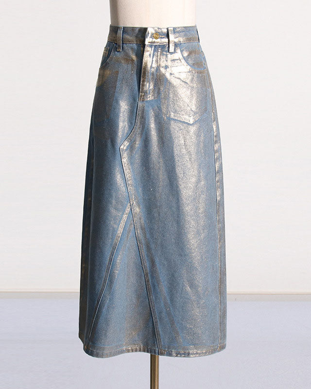 High Waist Hot Stamping A-Line Denim Skirt