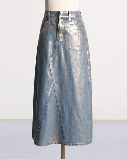 High Waist Hot Stamping A-Line Denim Skirt