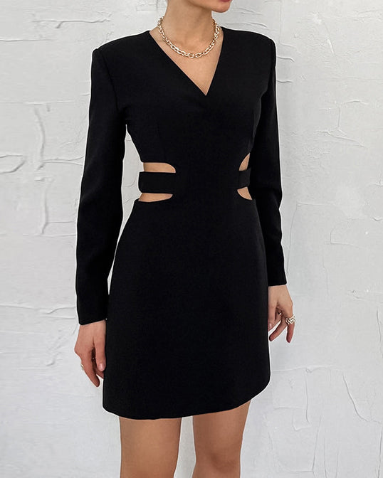 V-Neck Hollow Long-Sleeve Blazer Dress