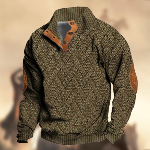 Men's Casual Retro Western Knitt Prints Stand Collar Button Sweatshirt