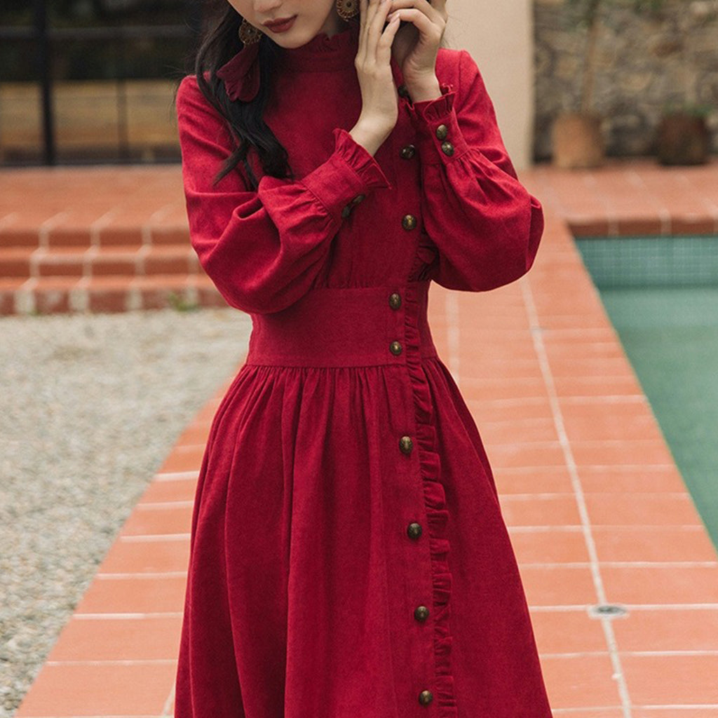 Ethnic Style Red Long Dress French Style Long Sleeve Dress