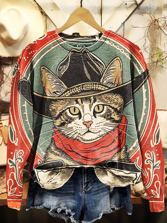 Cowboy Cat Print Casual Sweatshirt