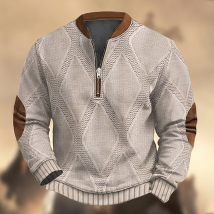 Men's Vintage Western Knitting Print Zipper Stand Collar Casual Sweatshirt