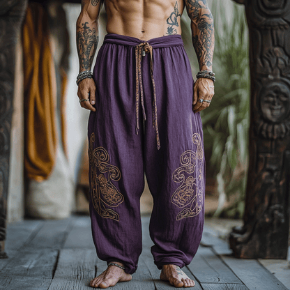 Men's Casual Loose Embroidery Pattern Drawstring Cotton Linen Harem Purple Pants