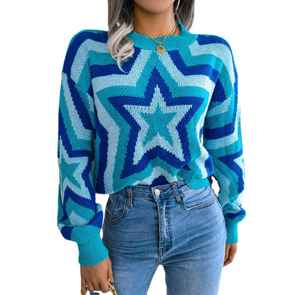 Women's Contrast Color Star Long Sleeve Pullover Sweater