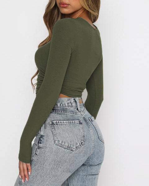 Drawstring Crew Neck Long Sleeve Cropped Top