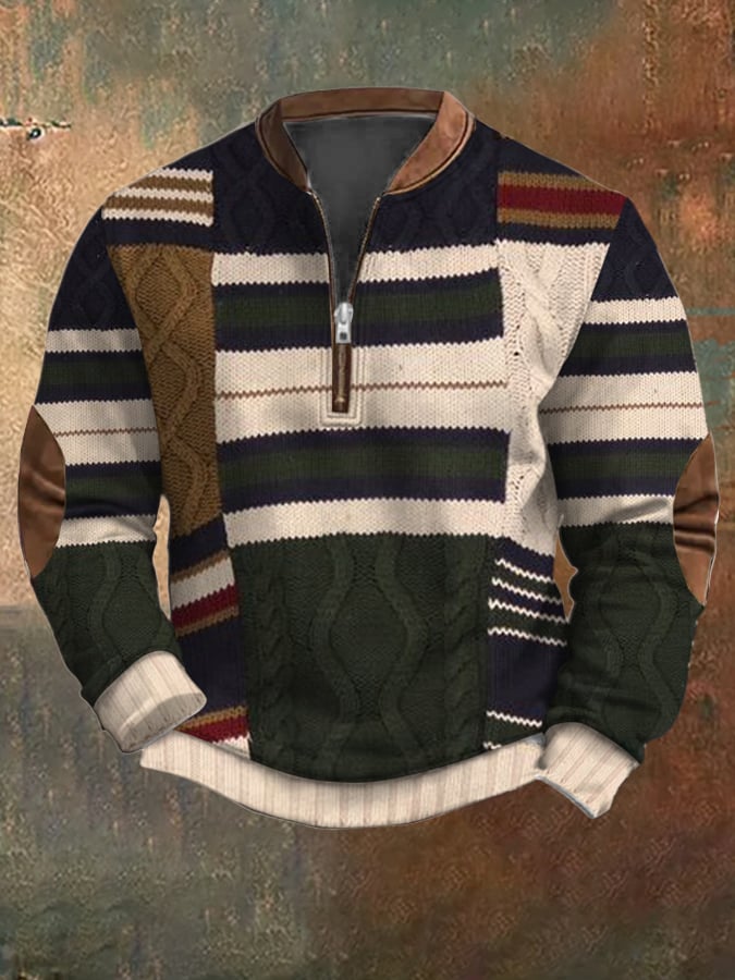 Men's Vintage Knit Print Zip-Up Sweatshirt