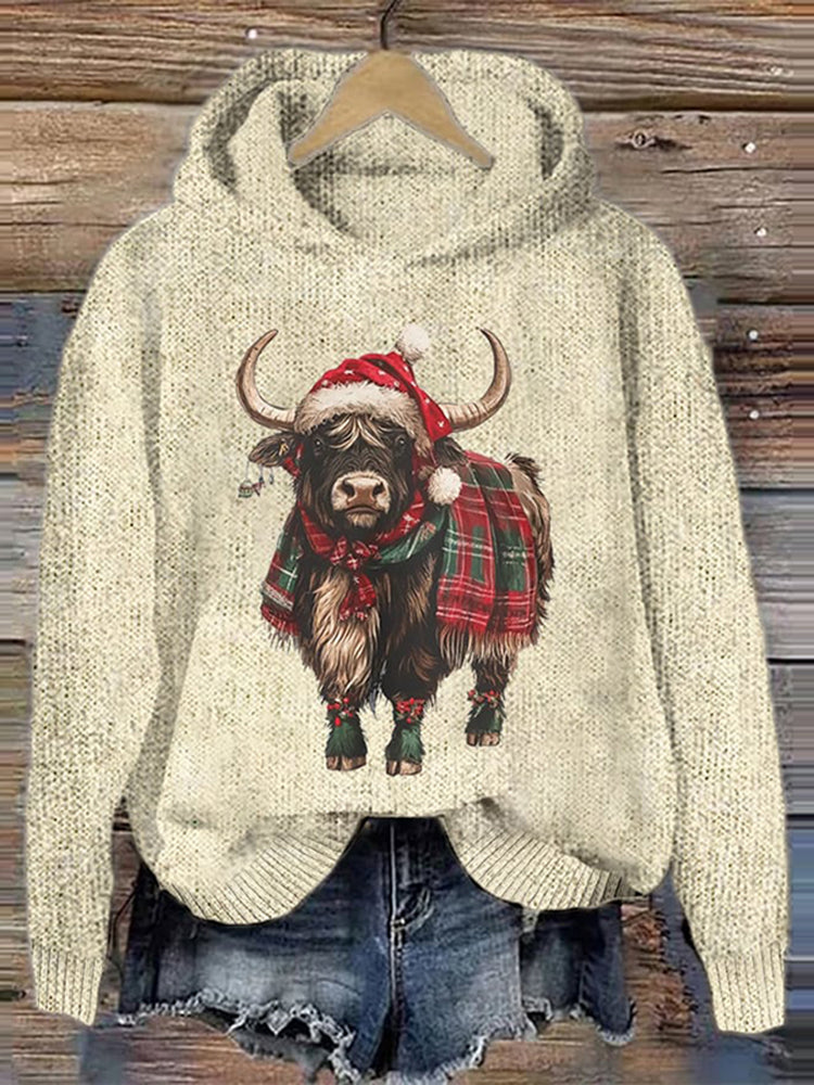 Women's Christmas Highland Cow Print Knit Hooded Sweater