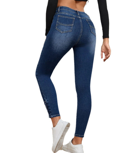 Buttoned High Elastic Tight Denim Trousers Women