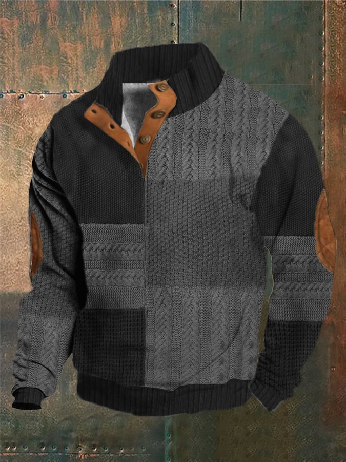 Men's Western Vintage Knitted Patchwork Printed Stand Collar Button Sweatshirt