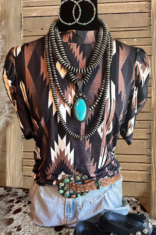 Retro Western Aztec Print Short Sleeve Top