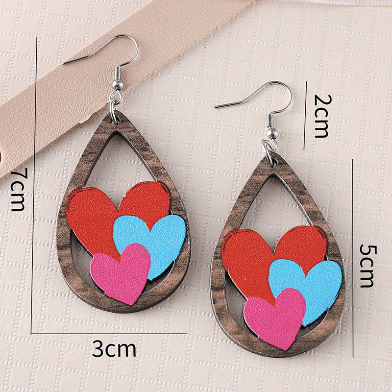 Valentine's Day Heart Patchwork Wooden Drop Earrings