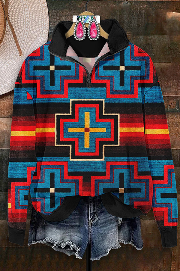 Retro Western Aztec Print Zip-Up Sweatshirt