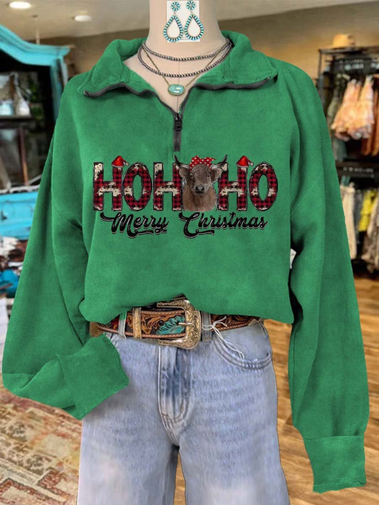 Western Christmas Print Casual Long Sleeve Zip Sweatshirt