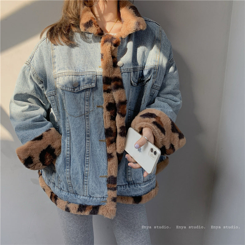 Leopard Print Thickened Denim Jacket Women's Retro Jacket Reversible