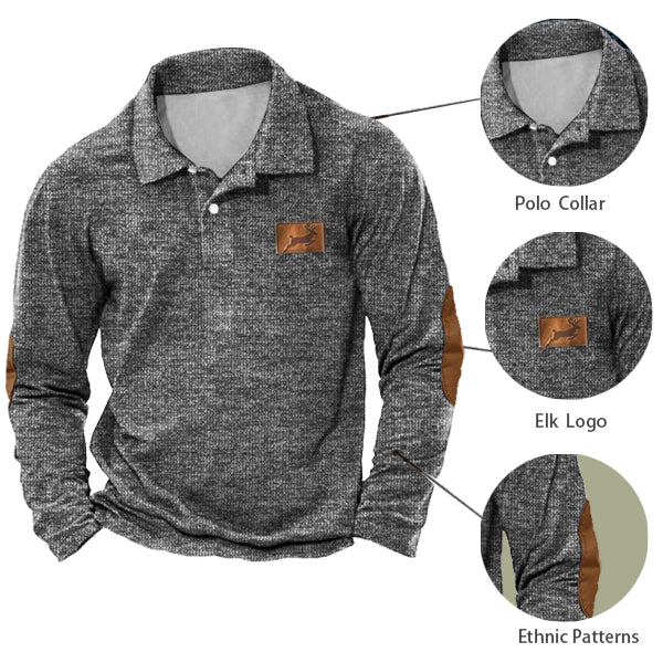 Men's Vintage Gray Texture Polo Shirt Outdoor Elk Hunting Casual Long Sleeve Top