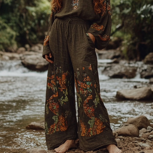 Bohemian Holiday Style Vintage Embroidered Floral Totem Print Casual Pants Wide-leg Pants