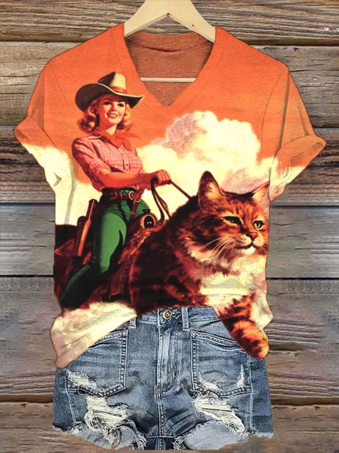 Women's Western Style Cowgirl Cat Printed Casual T-Shirt