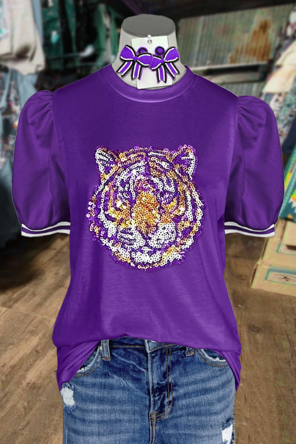 Sequin Tiger Puff Sleeve Top