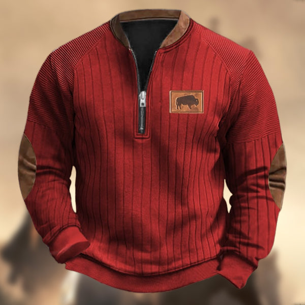 Men's Vintage Western Knit Print Zipper Stand Collar Casual Sweatshirt