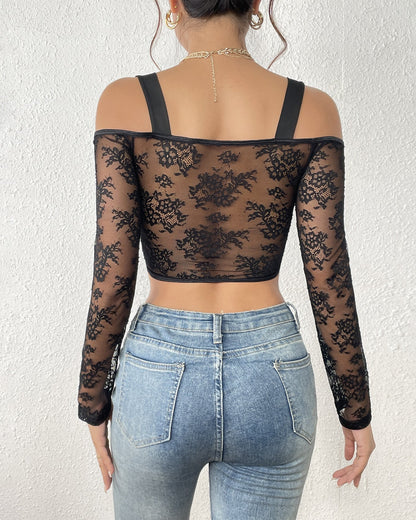 Lace Long-Sleeved Off-Shoulder Underwired Herringbone Straps See-Through Top