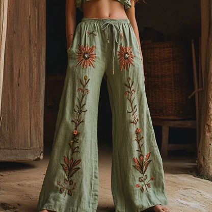 Women's Retro Linen Boho Flowers Art Long Loose Wide-leg Trouser Pants