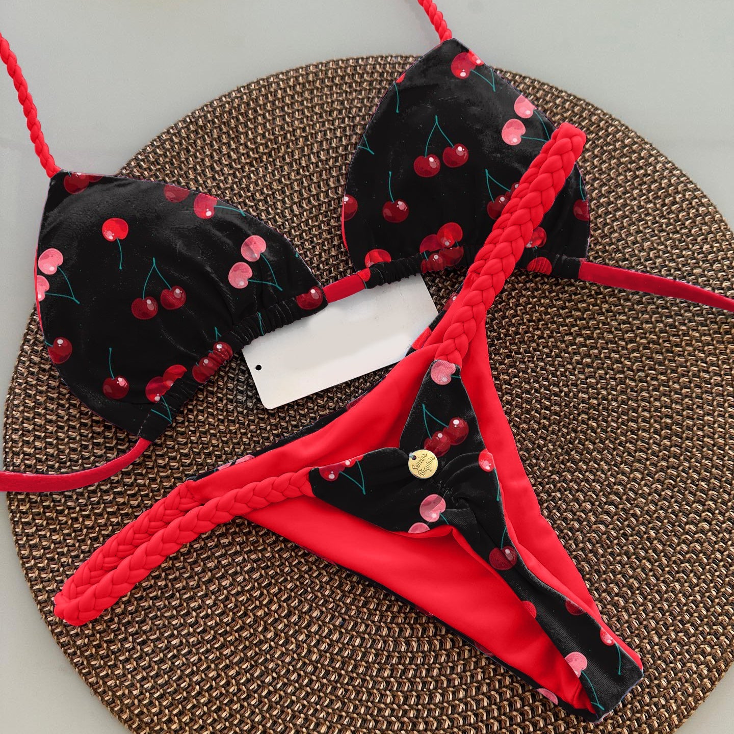 Sexy cherry contrast suspender bikini