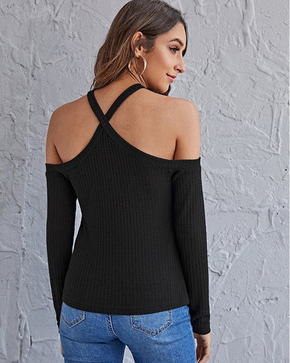 Sexy Bateau Neckline Off-Shoulder Cross Halter Neck Sweater Top