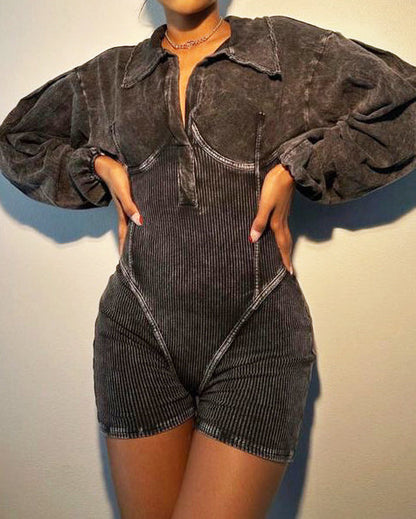 Deep V Waisted Long-Sleeved Jumpsuit