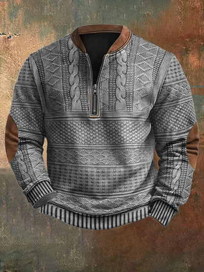 Men's Vintage Country Western Cashmere Wool Print Zipper Stand Collar Casual Sweatshirt