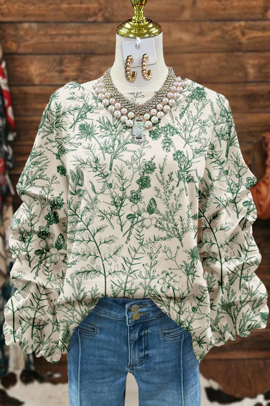 Fresh Plant Print Pleated Sweatshirt