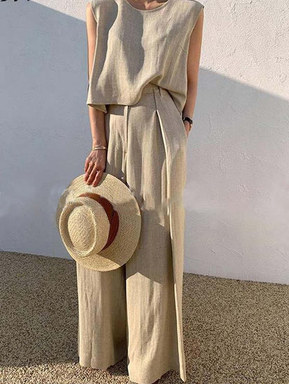 Plain Sleeveless Tank Top & Wide Leg pants