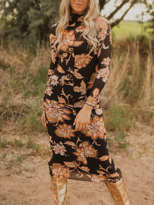 Floral Print Long Dress Mesh Dress